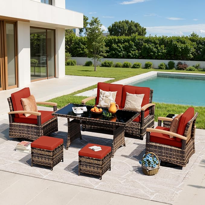 MEISSALIVVE 7 Pieces Patio Furniture Sets, PE Wicker Outdoor Conversation Sets with 2 Wood Armrests Swivel Rocker Chairs, 2 Ottomans, 2-seat Sofa and Dining Table (Red)