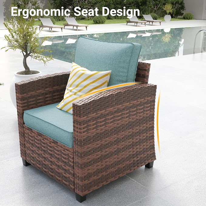 Outdoor Furniture Set, 5 Pcs Wicker Patio Couch with Chairs, Ottomans and Thick Cushions, All Weather Wicker Rattan Patio Conversation Set,Light Blue
