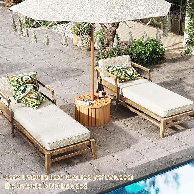 Tangkula 2-in-1 Outdoor Side Table with Storage, Acacia Wood Slatted Coffee Table with Umbrella Hole & Removable Base, Round Slatted End Storage Box for Backyard, Poolside