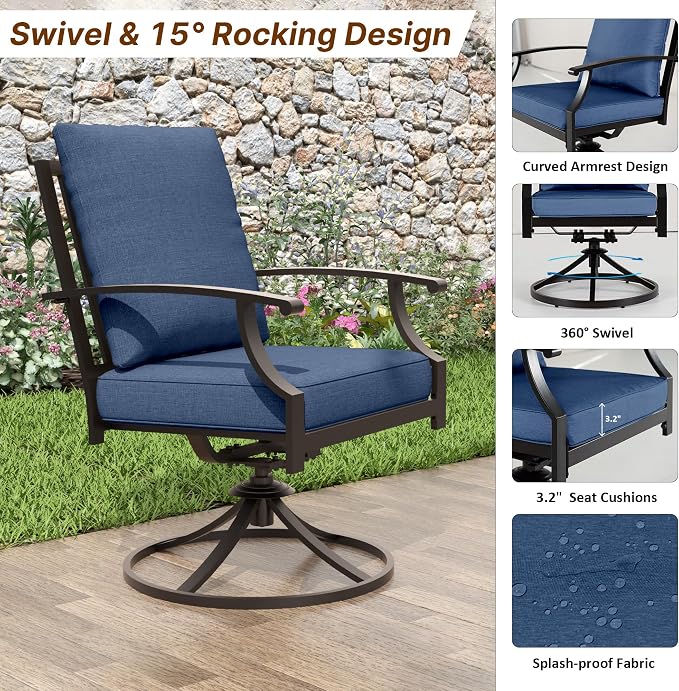 ALAULM 7-Piece Patio Dining Table and Chairs for 6 Outdoor Dining Set with 2 Swivel Chairs Patio Dining Sets with Rectangular Metal Table with Umbrella Hole for Patio, Backyard, Garden-Dark Blue