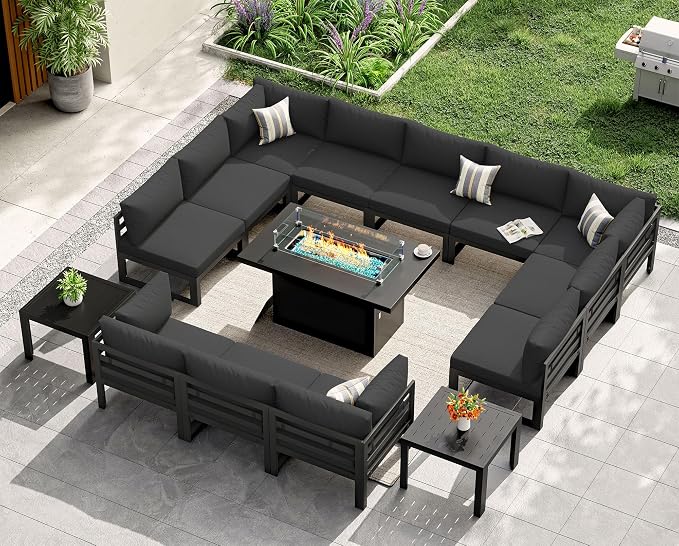NICESOUL 12 Seat Large Aluminum Patio Conversation Set with Firepit & Side Table, 29" Deep Wide Seating, Modular Sectional Couch, 500 lbs Heavy Duty All Weather Outdoor Sofa for Backyard Deck, Black