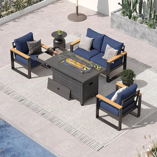 Sundale Outdoor Aluminum Patio Furniture Set, 4 Piece Outdoor Conversation Sets with Fire Pit and 6" Thick Olefin Cushions, All Weather Outdoor Sectional Set for Deck, Lawn, Yard