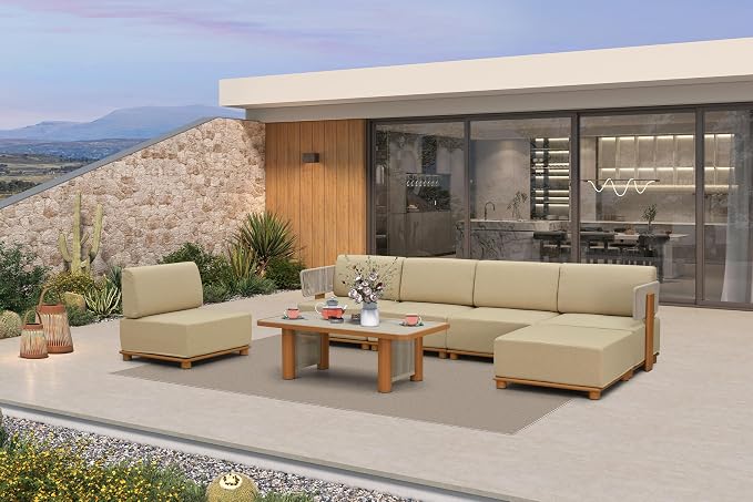 PURPLE LEAF Patio Furniture Set Modular Open-End Outdoor Sectional Sofa with 11" Thick Olefin Cushion 7-Piece Outdoor Conversation Set w/Coffee Lights & Ottoman for Poolside Table Included, Beige