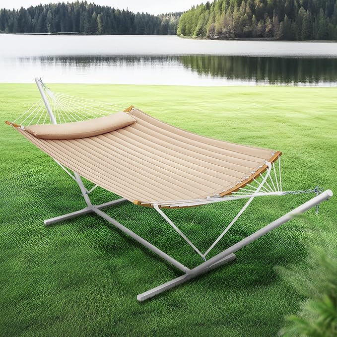 SUPERJARE Hammock with Stand, 2 Person Heavy Duty Hammock with Padded Cotton, Detachable Pillow & Strong Curved-Bar & Portable Carrying Bag, Perfect for Outdoor & Indoor, Beige