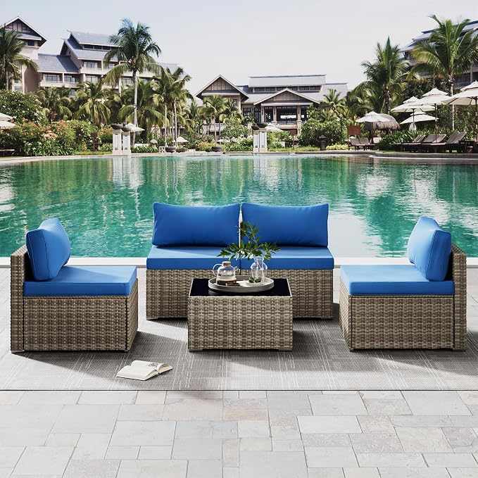 Tradare 5 Piece Patio Furniture Set, Outdoor Wicker Patio Sofa Set, PE Rattan Sectional Couch with Glass Table and Blue Cushions, All-Weather 5 Piece Outdoor Patio Furniture Sets, Grey