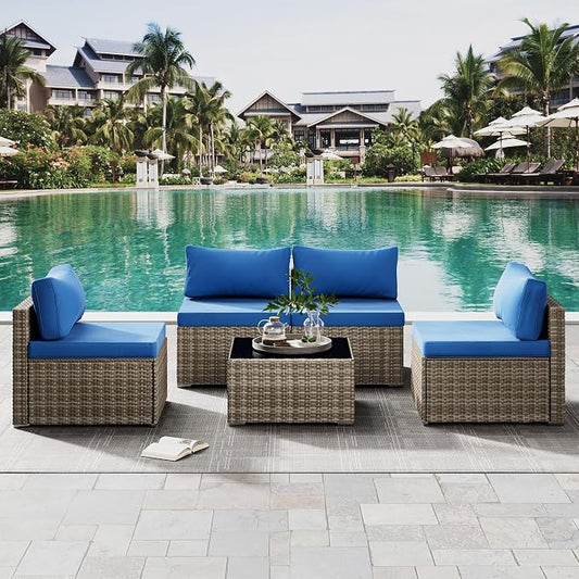 Tradare 5 Piece Patio Furniture Set, Outdoor Wicker Patio Sofa Set, PE Rattan Sectional Couch with Glass Table and Blue Cushions, All-Weather 5 Piece Outdoor Patio Furniture Sets, Grey