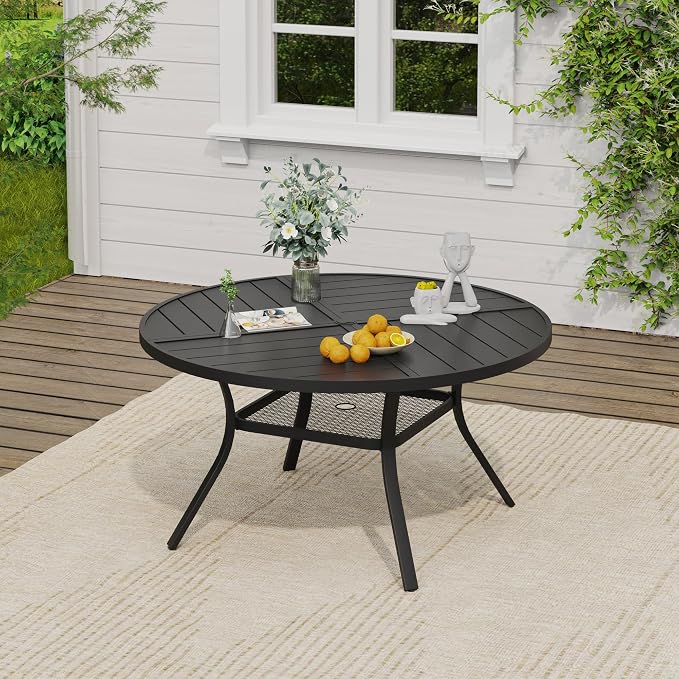 VICLLAX 47.2" Round Outdoor Table, Patio Dining Table for 6 with Umbrella Hole for Garden Lawn Deck Backyard, Black