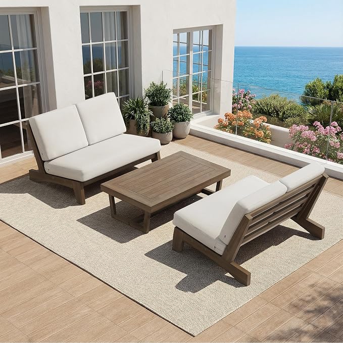 All Weather Wood Patio Furniture Sets, 3 Pieces Patio Loveseat Sofa Outdoor Sectional Futniture Backyard Conversation Set with Solid Wooden Coffee Table - Beige