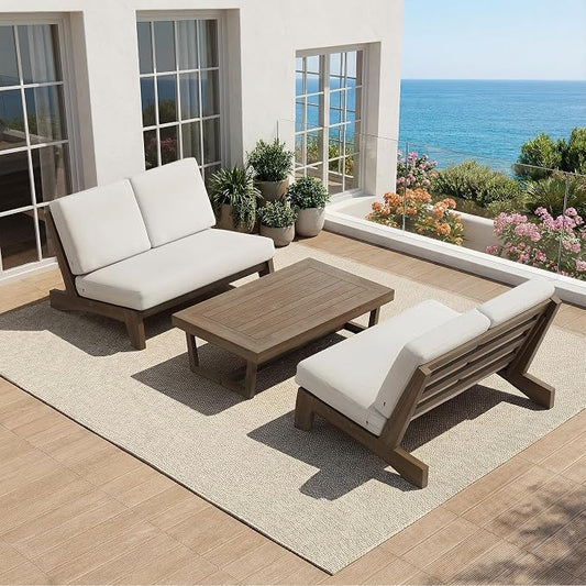 All Weather Wood Patio Furniture Sets, 3 Pieces Patio Loveseat Sofa Outdoor Sectional Futniture Backyard Conversation Set with Solid Wooden Coffee Table - Beige