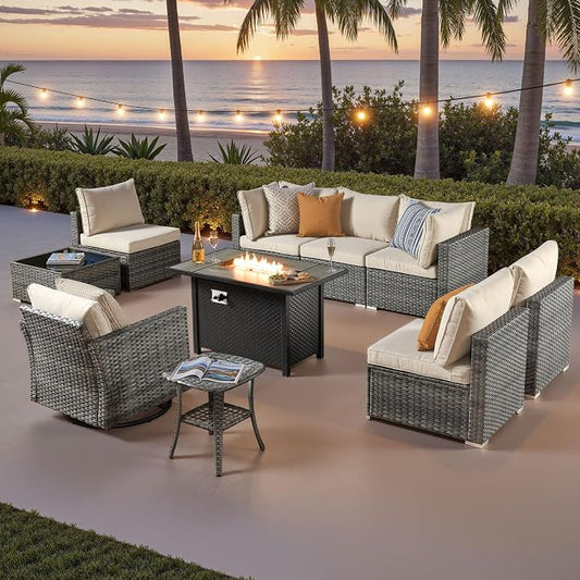 ovios 10 Piece Outdoor Patio Furniture Set with Fire Pit Table,Conversation Sectional Wicker Couch with Swivel Chairs,Modern Outside Sofa for Balcony Backyard, Beige