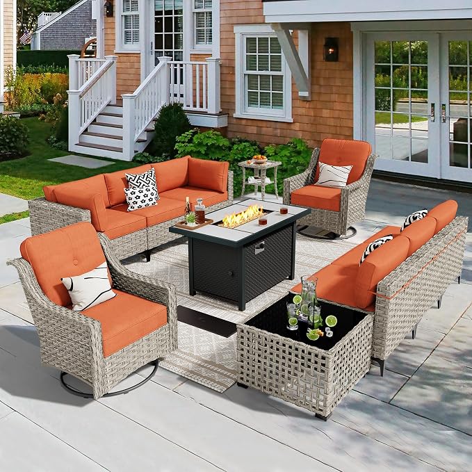 CAODOC 11 Pieces Outdoor Patio Furniture Set, Rattan Wicker Sectional Swivel Rocker Chairs Sets with Fire Pit, Swivel Glider Chairs, and Solar Powered Table