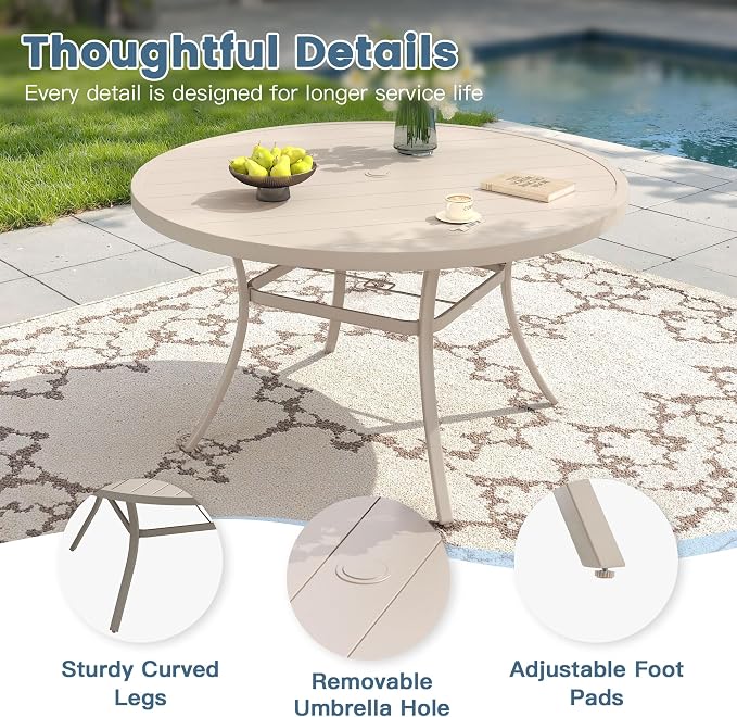 DIFY 50" Round Outdoor Patio Dining Table for 6, Metal Patio Table with 1.57" Adjustable Umbrella Hole, All-Weather Dining Furniture Table for Backyard Lawn Garden, Sandshell