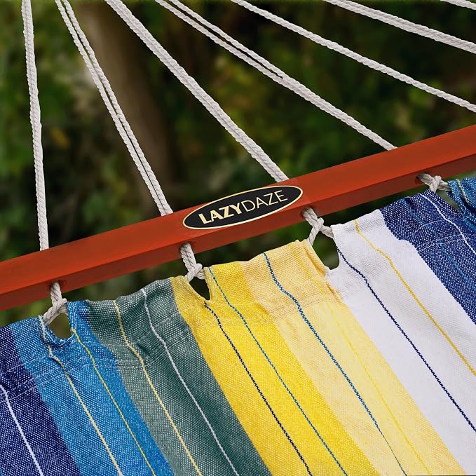 Lazy Daze Hammocks Cotton Fabric Spreader Bar Hammock and 10.5 Ft Wood Arc Hammock Stand Combo, for Outdoor, Indoor, Patio, Backyard, Blue and Yellow