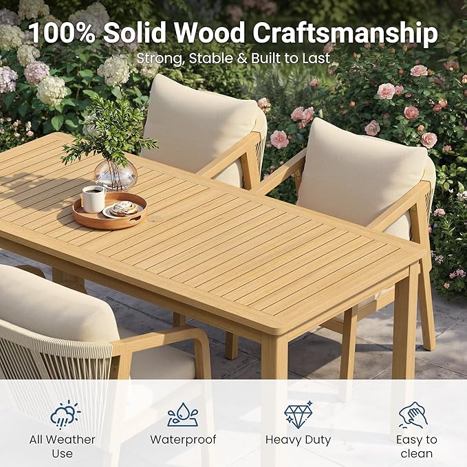 Wisteria Lane Acacia Outdoor Dining Table, 69"×32" Patio Dining Table with Umbrella Hole, All-Weather Solid Wood Outdoor Patio Table for Deck, Garden, Poolside, Lawn