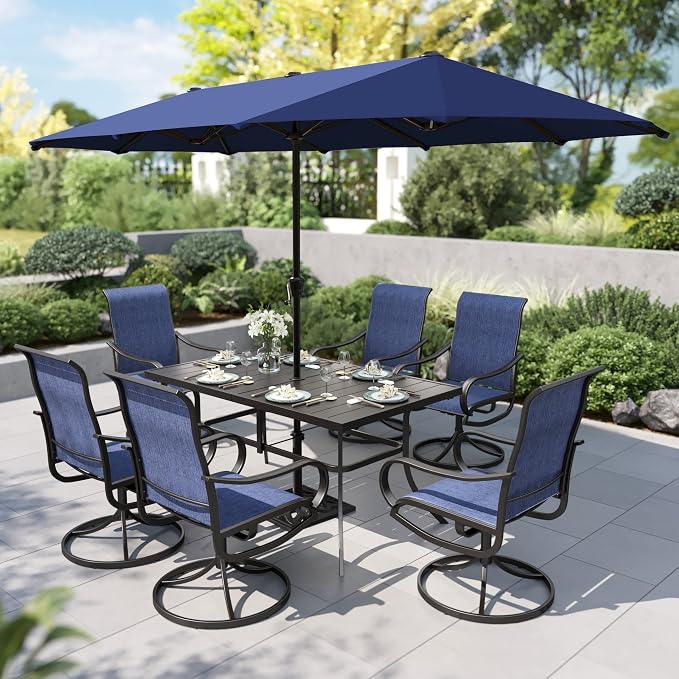 PHI VILLA Outdoor Dining Set with Umbrella for 6, Swivel Mesh Chairs | Includes 1 rectangle metal table, 6 textilene chairs and 13ft blue umbrella(NO BASE), designed for patio, deck, garden