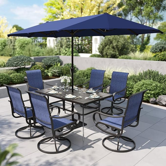 PHI VILLA Outdoor Dining Set with Umbrella for 6, Swivel Mesh Chairs | Includes 1 rectangle metal table, 6 textilene chairs and 13ft blue umbrella(NO BASE), designed for patio, deck, garden