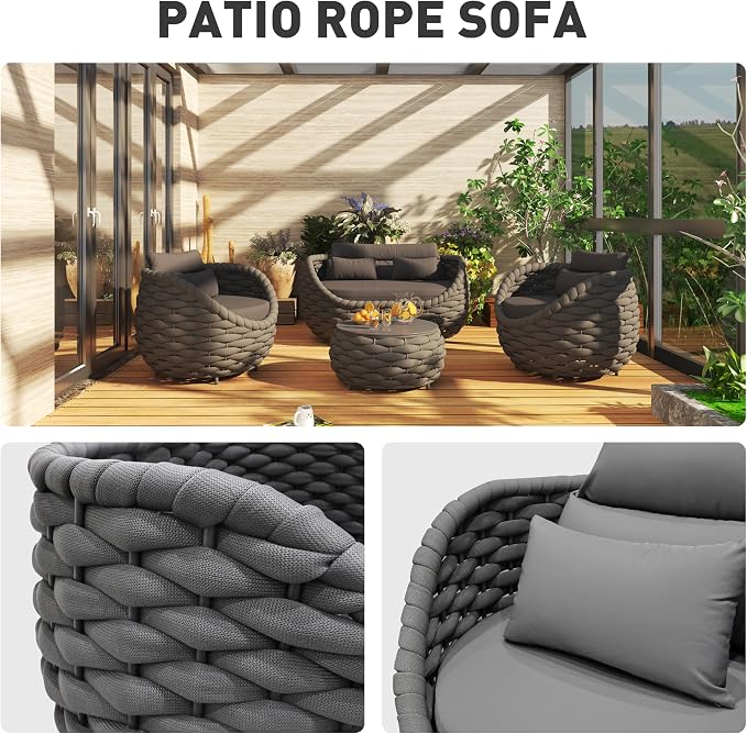 Patio Wicker Conversation Set 4Pcs Dark Grey Rattan Outdoor Sofa Set with Loveseat, 2 Single Chairs & Coffee Table, Weather Resistant Indoor Outdoor Sectional for Backyard Garden Poolside