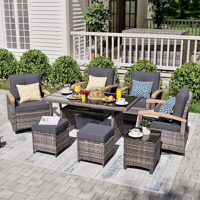 MEISSALIVVE 8 Pieces Patio Furniture Sets, PE Wicker Outdoor Conversation Sets with 2 Wood Armrests Swivel Rocker Chairs, 2 Fixed Single Chairs, 2 Ottomans and Dining Table(Grey)