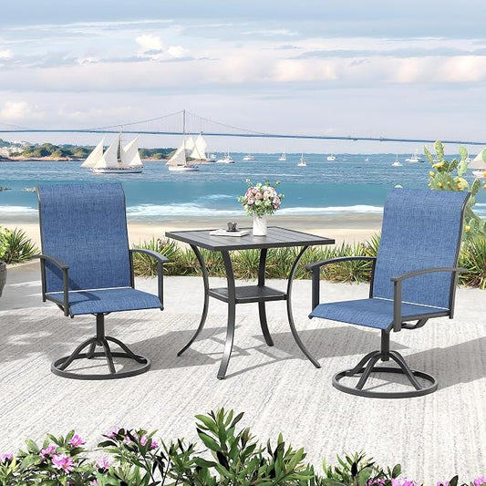 VICLLAX 3 Pieces Patio Outdoor Dining Set, 2 Swivel Textilene Chairs and 27.6" Square Metal Table with Storage for Porch, Deck, Garden, Black/Dark Blue