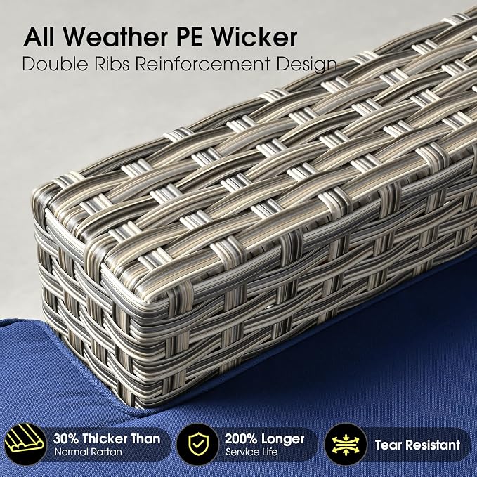 Outdoor Sectional Patio Furniture Set,7 Pieces All Weather Rattan Wicker Conversation Sets,Out Door Furniture with Ottoman Single Chair,Navy Blue
