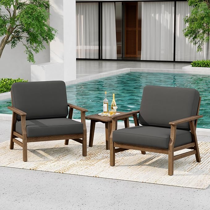 3 Piece Wood Outdoor Chairs Patio Bistro Set, Outdoor Armchair All Weather Patio Sofa Furniture Backyard Conversation Sets with Wooden Side Table - Dark Gray
