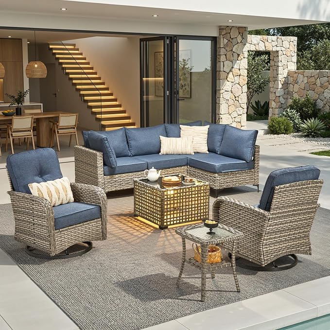 8 Pieces Outdoor Sectional Patio Furniture Set with Swivel Rocking Chairs,Conversation Sets Rattan Wicker L Shaped Couch,Modular Outdoor Sofa for Porch Balcony Backyard Denim Blue