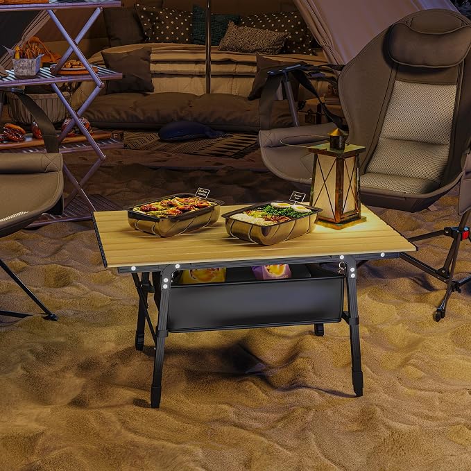 Outsunny 3ft Portable Camping Table with Storage Bag, Adjustable Height Aluminum Small Folding Table, Lightweight Picnic Table with Carry Bag for Outdoor Picnic BBQ Backyards Beach, Brown