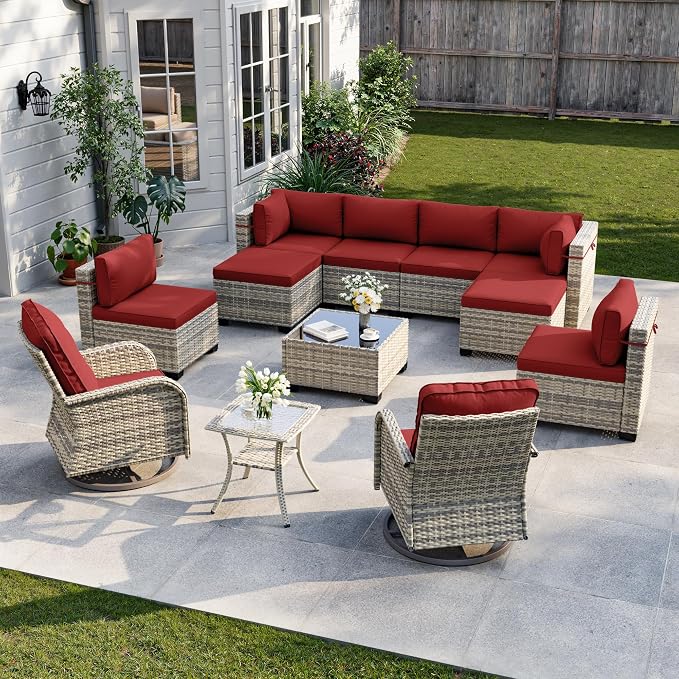 12-Piece Patio Furniture Set, Outdoor Patio Furniture with Swivel Chairs Set, Ottomans, Modular Patio Sofa, Dual-Strand Wicker Rattan, Rust-Resistant Frame, Red