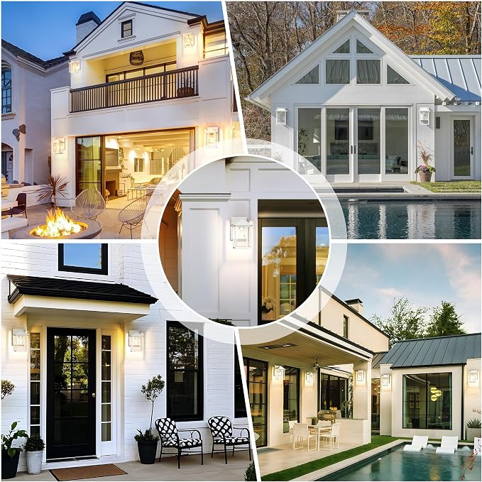 MATAMEYE Outdoor Wall Light Fixture, Exterior Waterproof Porch Lighting | White Patio Wall Lantern, Anti-Rust, Clear Glass, E26 Socket, Wall Mount Sconce Lighting, Outside Front Door Light Entryway