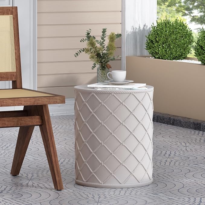 Merax Round Cylindrical End Table 15" Dx18 H Outdoor Patio Lightweight Concrete Side Table Modern Aesthetic Accent Table, Grid Pattern, Antique White