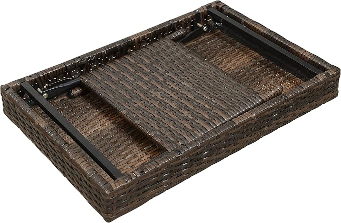 AC Pacific Portable Folding Wicker Table for Eating, Outdoor Deck Furniture with Weather-Resistant Rattan, Rectangle Foldable Patio Coffee Stand, Easy to Clean, 23 Inch Wide, Brown