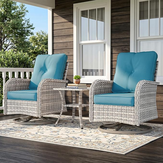 8-Piece Small Patio Furniture Set, Outdoor Swivel Rocking Chairs Set with Ottomans, Patio Bistro Set for Balcony, Deck, Porch, Lake Blue