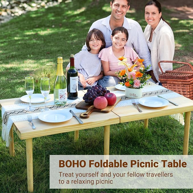 Boho Wooden Low Picnic Table, Portable Foldable Beach Picnic Table for 6 People to Beach, BBQ, Camping, Party, Garden, Outdoor, Indoor (47" x 23")