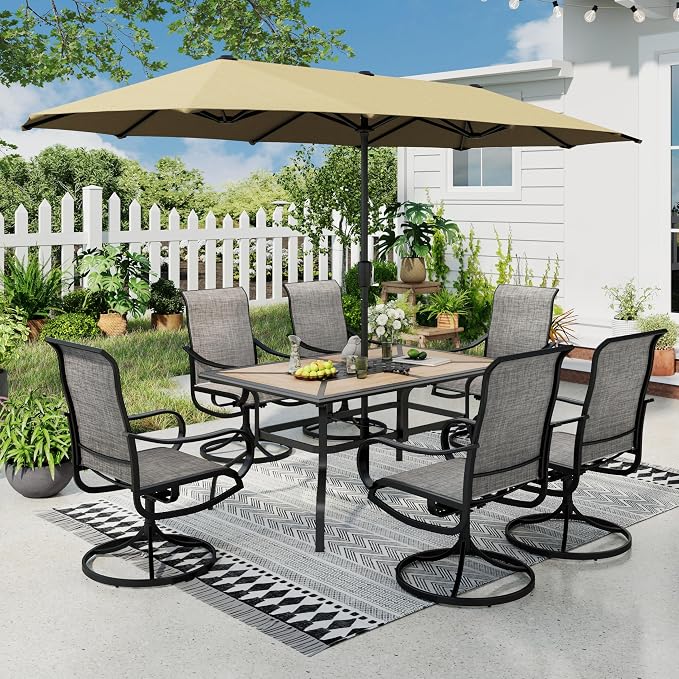 Sophia & William Patio Set with Umbrella Outdoor Dining Set for 6 with 13ft Umbrella Beige, 6 x Patio Chairs Brown, 1 Wood Like Outdoor Dining Table for Deck Lawn Garden (No Umbrella Base)