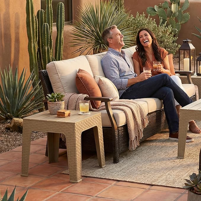 Sunnydaze Adirondack Small Outdoor Side Table for Balcony Essentials - Plastic Square End Table for Outside Patio - Set of 4 - Beige
