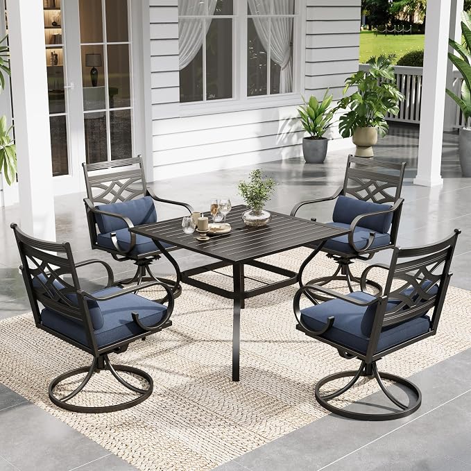 Sophia & William Patio Dining Set, Steel, Black | Umbrella Hole, Swivel Chairs, E-Coated, Cushions Included, For Patio, Garden and Yard