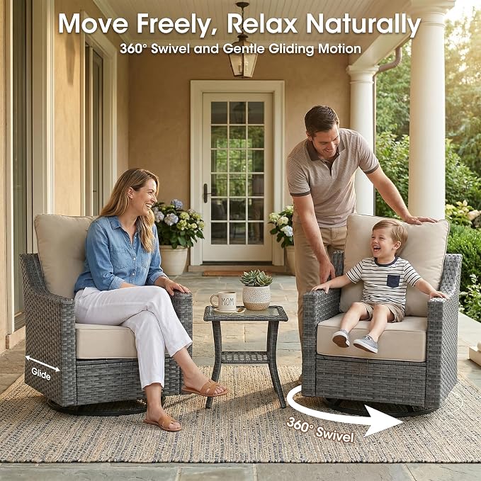 5 Piece Patio Furniture Set, Grey Wicker Outdoor Conversation Set with 2 Swivel Rocker Chairs, Sofa and 2 Ottomans, 6-Inch Thick Cushions, Beige Olefin Covers for Patio and Porch