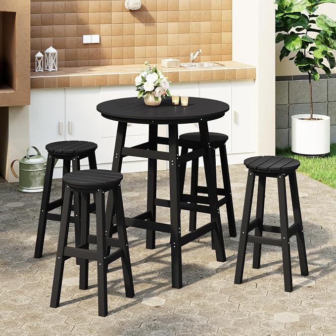 Costaelm Patio Bistro Table, 42" Counter Height Round Patio Cocktail Bar Table with Umbrella Hole, Outdoor Bistro Dining Pub Table for Front Porch Deck Backyard Garden, Black