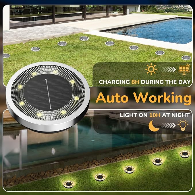 INCX 16Pack Solar Ground Lights Outdoor, 8 LED, IP65 Waterproof, Warm White | 600mAh Ni-MH battery, 8-10h runtime, stainless steel, ABS and PP body, solar garden lights for pathways, lawns and driveways