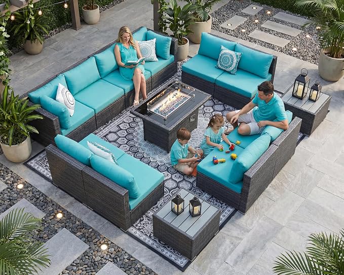 NICESOUL 13 Piece Outdoor Sectional Furniture with Firepit, Contemporary Back Yard Fireplace w/Seating Area, Plus Size 29.3'' High Back Patio Set, All-Weather Wicker Couch for Exterior, Gray & Teal