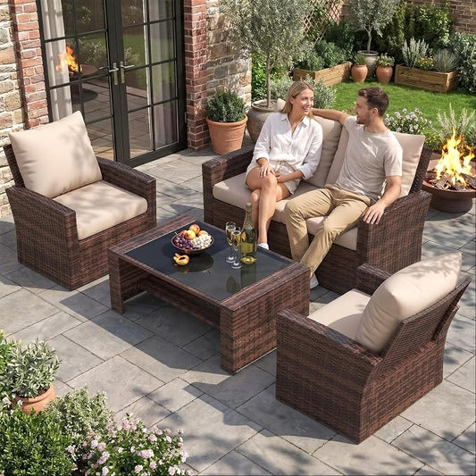 UDPATIO Patio Furniture Set, Outdoor Furniture Sets with Loveseats Sofa, Wicker Rattan Outdoor Conversation Set with Storage CoffeeTable for Backyard, Deck, Porch,Brown/Grey
