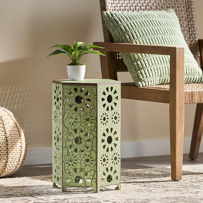 12" Outdoor Side Table, Decorative Cutout Metal Side Table, Multi Functional - Coffee Table, Night Stand, Plant Stand for Patio, Garden, Backyard, Gazebo Indoor (Green)