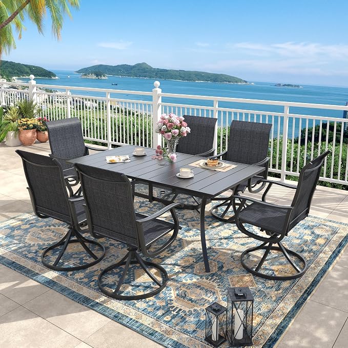 Outdoor Dining Set for 6, 59.2" Metal Outdoor Dining Table with Umbrella Hole and Sling Patio Swivel Chairs, 7 Pieces Patio Table and Chairs Set for Garden Backyard, Charcoal and Black