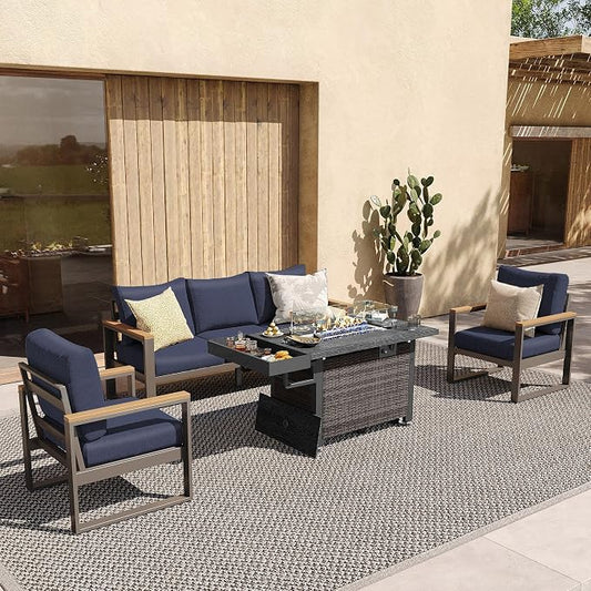 Sundale Outdoor Aluminum Patio Furniture Set, 4 Piece Outdoor Conversation Sets with Fire Pit, Ottoman and Washable Thick Cushions, All Weather Outdoor Sectional Set for Deck, Lawn (Navy Blue)
