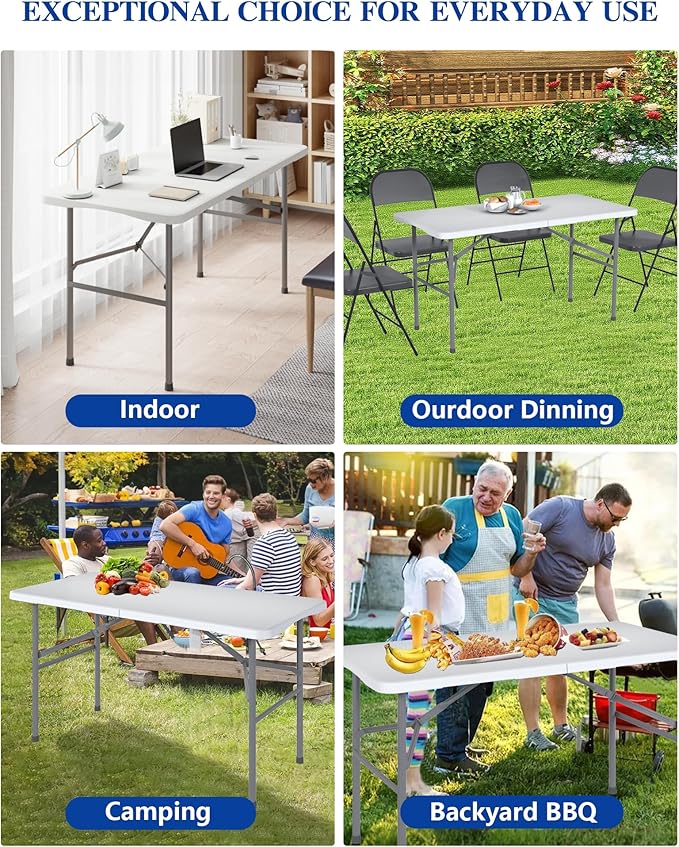2 Pack 4FT White Folding Table for Outdoor, 4 Foot Picnic Tables No Assembly Required Portable, White Foldable Table for Camping, Parties, Meeting, Events, Wedding, with Carrying Handle