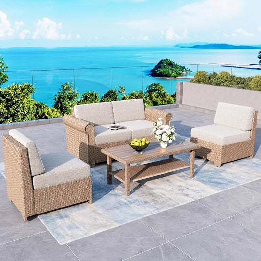 Patio Furniture Set 5 Piece, Wicker Rattan Sectional Sofa Couch with 5.5" Thick Waterproof Cushions and Coffee Table, All weather Modular Outdoor Conversation Set for Lawn Backyard and Deck, Beige