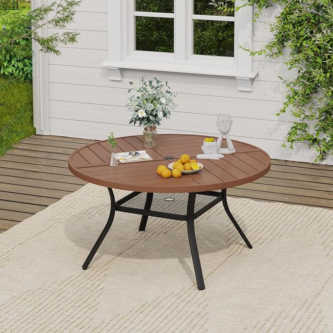 VICLLAX 7 Pieces Outdoor Dining Set, 6 Stakable Wicker Patio Chairs and 47" Patio Round Metal Table with Umbrella Hole for Backyard Lawn Garden, Walnut Tabletop