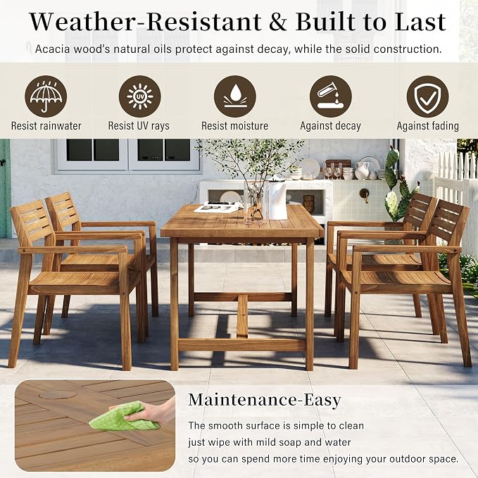 5 Pieces Outdoor Acacia Wood Dining Table Set for 4 with 59" Rectangular Table with Umbrella Hole and 4 Chairs, Modern Patio Dinner Set for Backyard, Garden, Poolside or Indoor, Natural