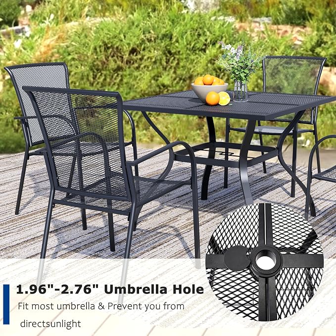 37.5" Square Patio Table with Umbrella Hole, Metal Mesh Outdoor Dining Table for Garden, Backyard and Deck, 4 Person Round Patio Dining Table for Outside, Black