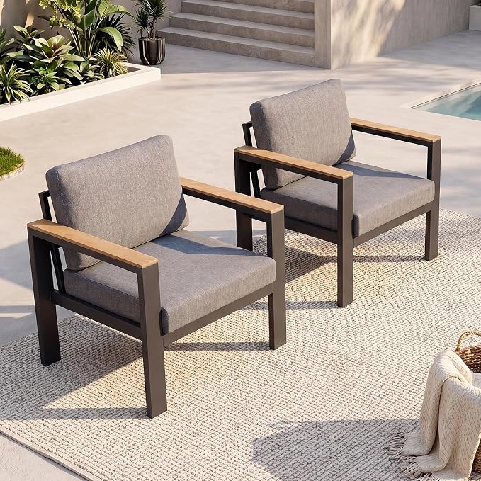 Outdoor Patio Chairs Set of 2, Aluminum Patio Furniture Chairs with 5-Inch Water-Resistant Cushions, Powder-Coated Frame for Porch, Deck, Backyard, Poolside, Gray